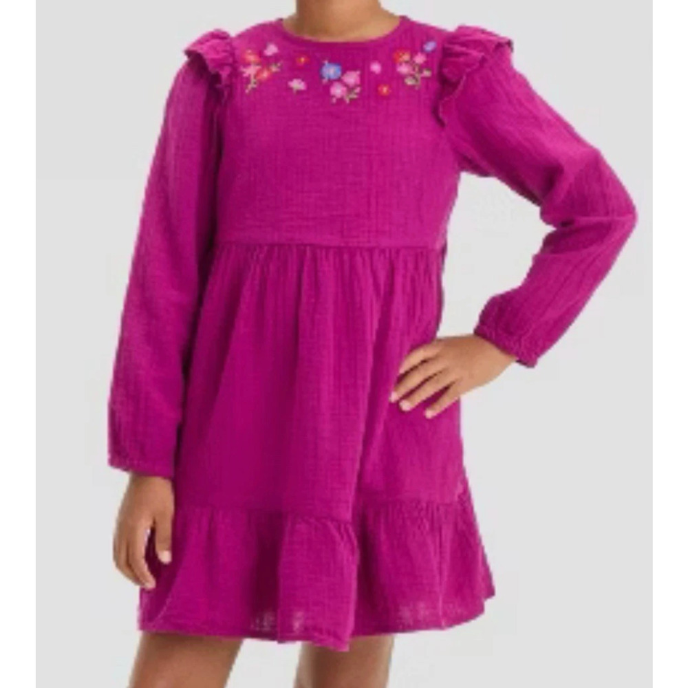 Cat & Jack Dress Girls Embroidered Long Sleeve Magenta Size Large 10/12 NWT